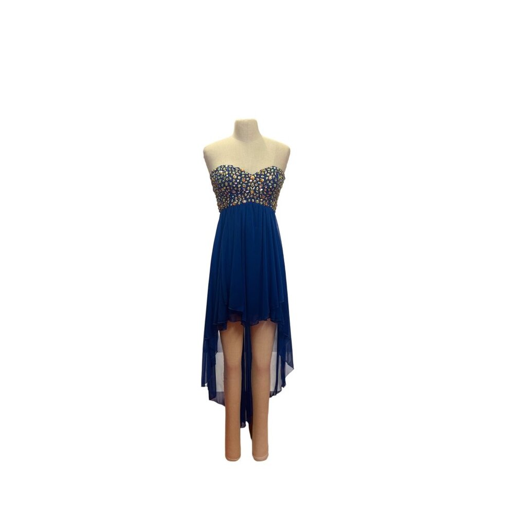 B. Smart Strapless Blue Chiffon Hi-Low Evening Dress With Gemstone Embellished B